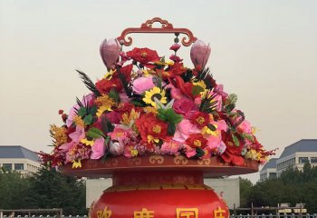 花籃雕塑-天安門(mén)春節(jié)玻璃鋼彩繪歡度國(guó)慶花籃雕塑