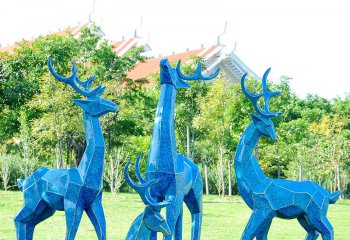 梅花鹿雕塑-公園草坪玻幾何璃鋼彩繪藍(lán)色梅花鹿雕塑