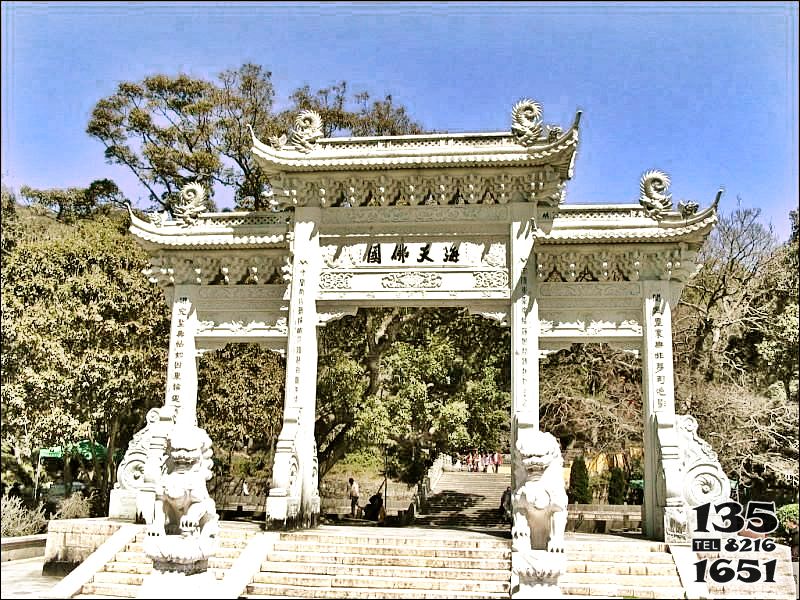 牌坊雕塑-大理石芝麻白寺廟山門(mén)石雕牌坊高清圖片