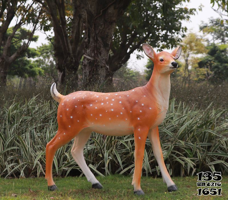 鹿雕塑-公園草坪上一只漂亮的玻璃鋼彩繪鹿雕塑高清圖片