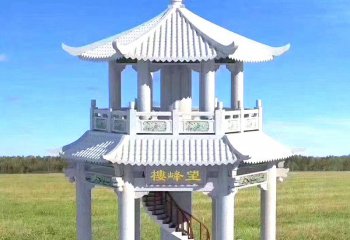 涼亭雕塑-漢白玉戶外寺廟二層涼亭觀景休息石雕